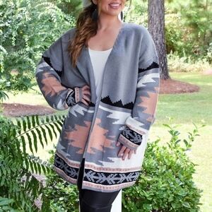 Heimish USA aztec print cardigan sweater pink gray size small medium